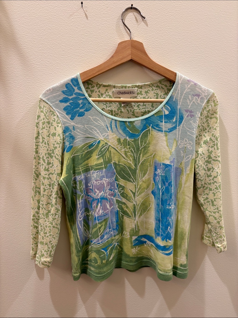 Vintage Chadwicks Blue & Green Floral Mixed-Print Long Sleeve Top